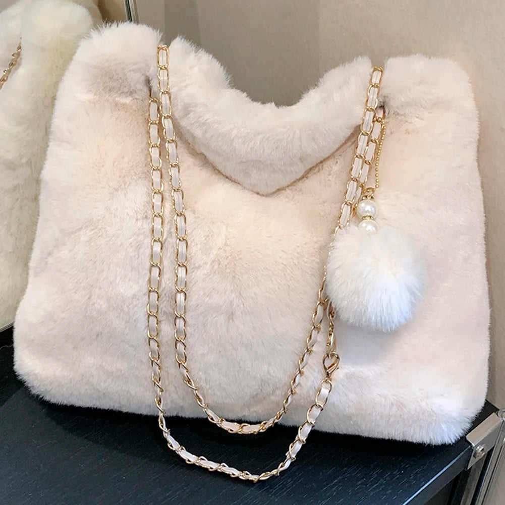 Women Fluffy Crosssbody Bag Soft Plush Satchel Bag Faux Fur with Pendant Large Capacity Female Fashion Travel Bag