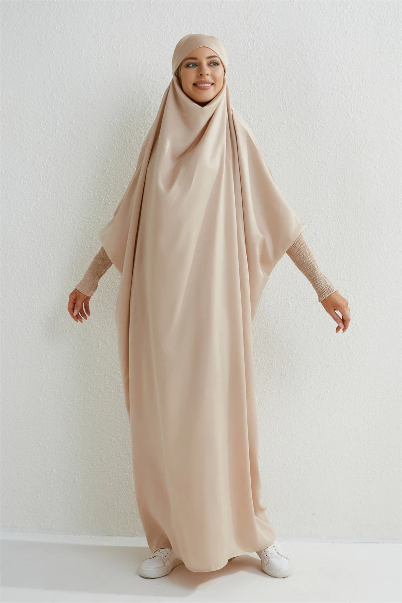 Muslim Abaya Women Jilbab Hooded Smocking Sleeve One-piece Prayer Dress Islamic Clothing Dubai Saudi Black Robe Turkish Modesty