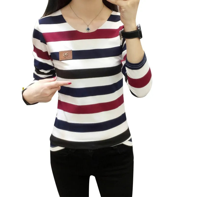 Atasan Baju T Berjalur Lengan Panjang Wanita Blaus Fit Slim Baju Pullover Ringan