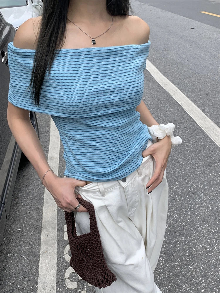 Atasan Tank Seksi Tanpa Tali Musim Panas Wanita Tanpa Belakang Stripe Bahu Balutan Tiub Kasual Atasan Tanaman Tanpa Lengan Wanita