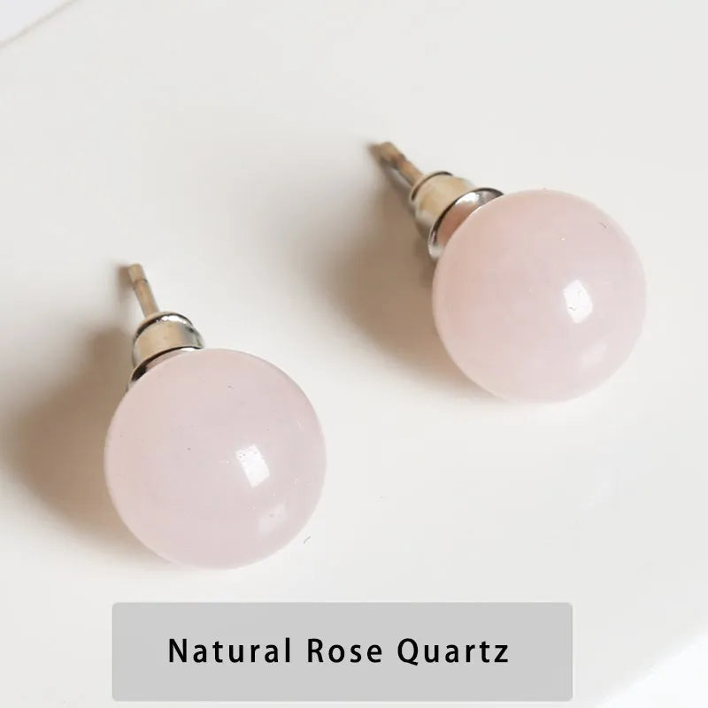 Change Better Natural Stone Amethyst Tiger Eye Agate Round Beads Earring Women Fashion Simple Stainless Steel Crystal Ear Studs