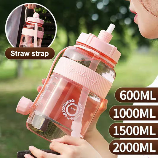 600ml/1000ml/1500ml/2000ml Summer Big Water Bottle with Straw Large Capacity School Gym Sports Drinking Bottles BPA Free Fitness