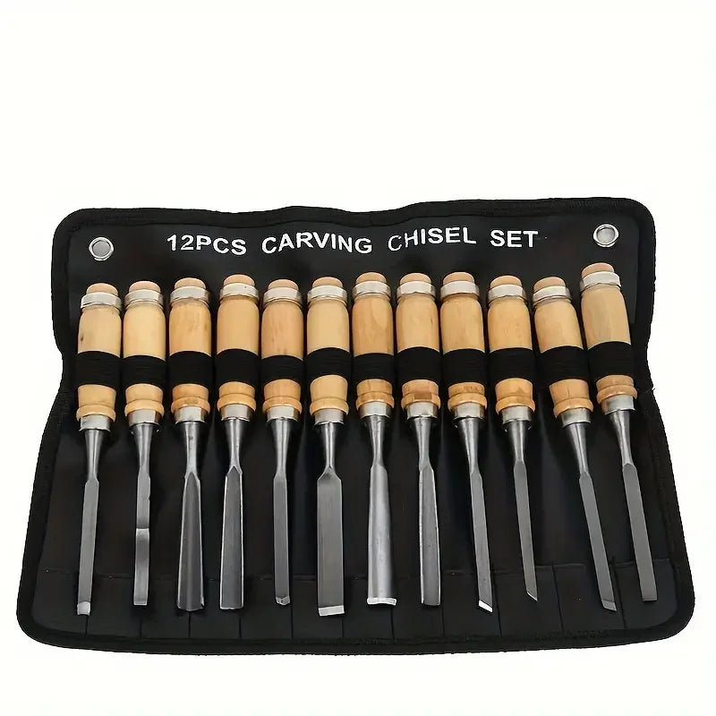 12PCS/Set Set Pahat Tangan Ukiran Kayu Alat Larik Kerja Kayu Set Alat Ukir Kayu Set Pahat Ukiran Pisau
