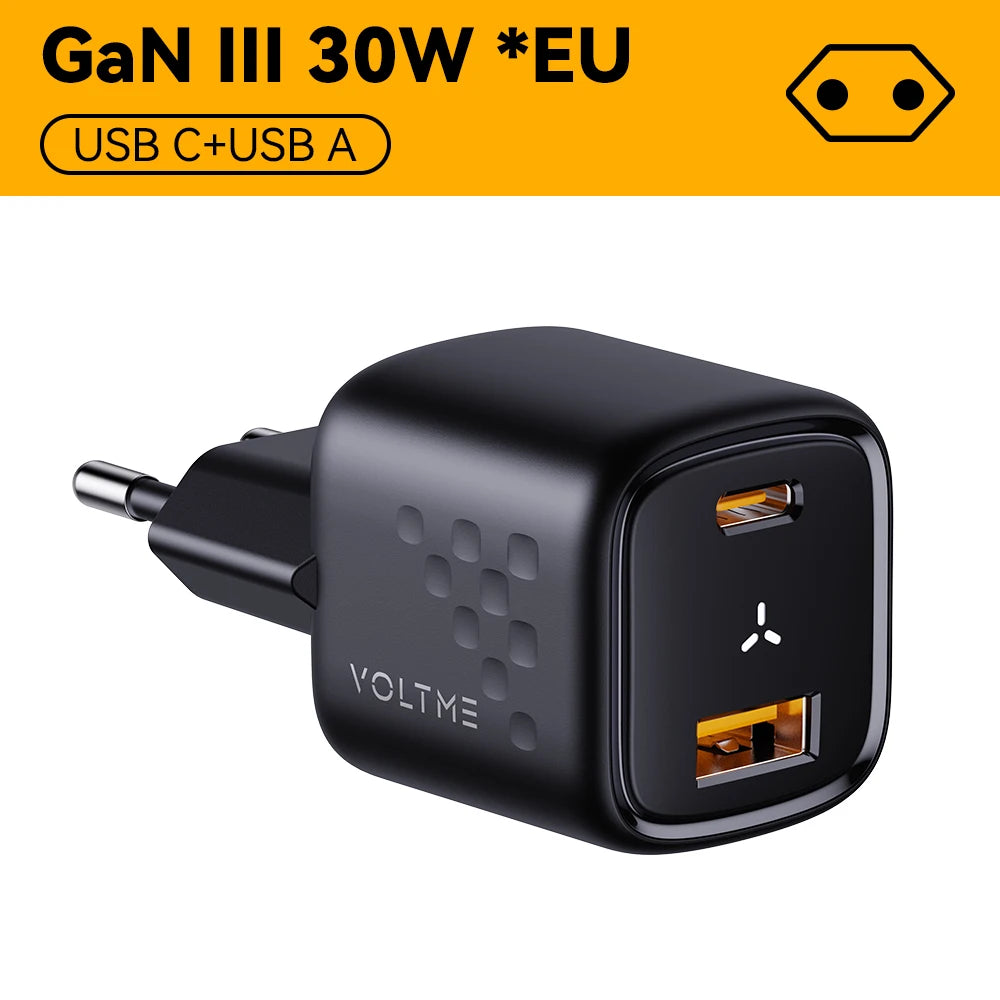 VOLTME USB C Pengecas Pantas 30W Pengecas GaN QC PD 3.0 Penyesuai Mudah Alih Dwi Port Untuk IPhone 13 12 IPad Pengecas Dinding Cepat Xiaomi