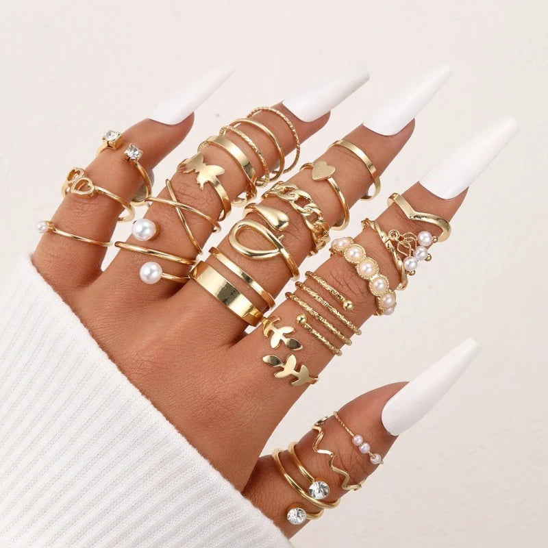 47Pcs/Set Vintage Gold Color Heart Rings Set For Women Men Hollow Butterfly Pearl Crystal Geometric Rings Trendy Finger Jewelry
