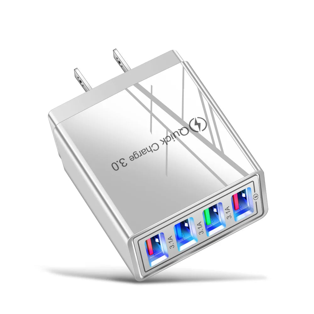 3.1A EU US 4USB Ports AC Perjalanan Rumah Pengecas Dinding Penyesuai Kuasa Untuk IPhone 12 13 14 15 Pro Max Samsung Xiaomi Huawei