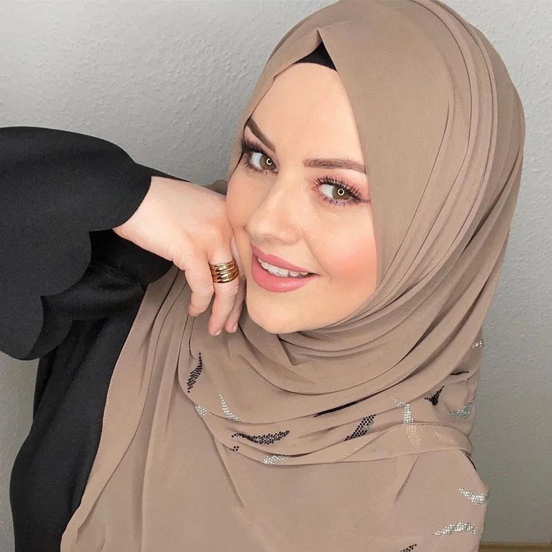 Serban Segera Muslim Berlian Imitasi Putih Chiffon Hijab Abaya Hijab untuk Wanita Abaya Jersi Glitter Head Scarf Dress Wanita Serban