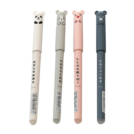 4pcs Cartoon Animals Erasable Gel Pen 0.35mm Refill Rods Kawaii Panda Pig Cat Ballpoint Pen Washable Handle For School Supplies