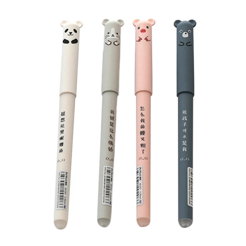 4pcs Cartoon Animals Erasable Gel Pen 0.35mm Refill Rods Kawaii Panda Pig Cat Ballpoint Pen Washable Handle For School Supplies