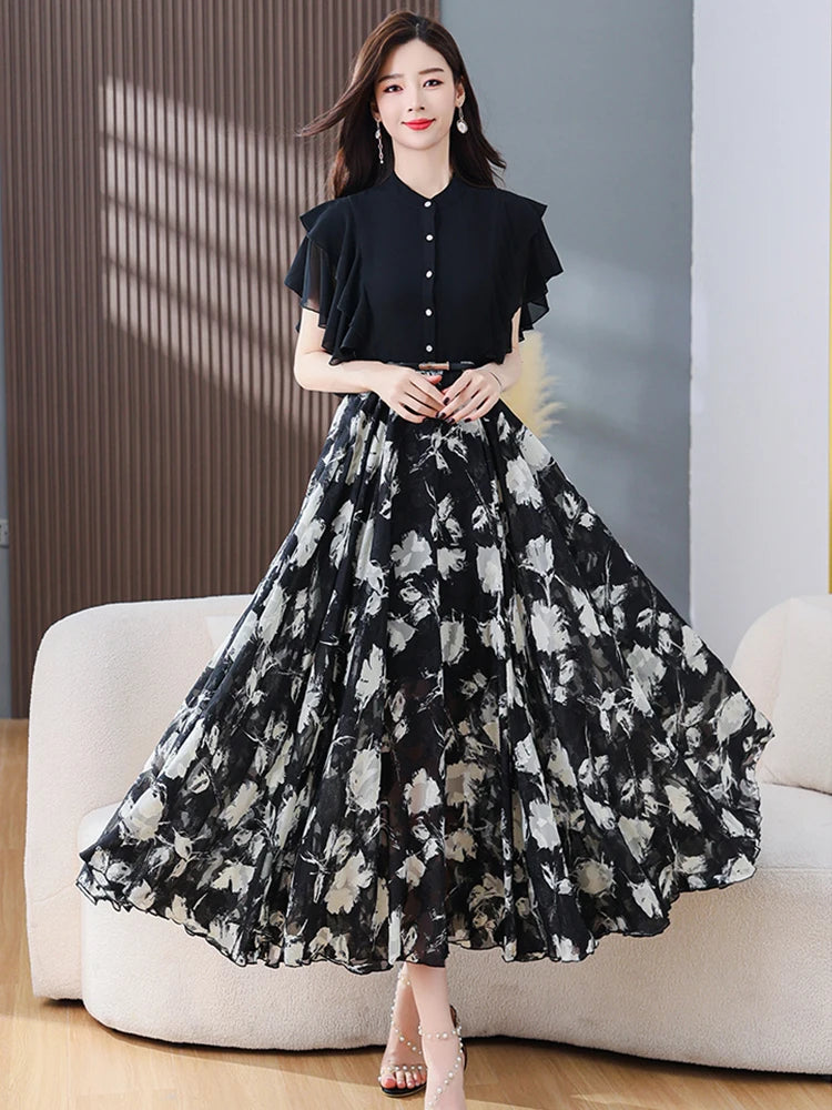 Pakaian Maxi Wanita Floral Gaun Panjang Pantai Chiffon Musim Panas Hitam untuk Bodycon Elegan Korea Fesyen Pesta Kasual Petang 2024 Baru