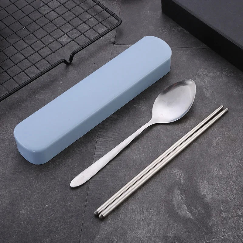 4Pcs/Set Travel Camping Cutlery Set Portable Tableware Stainless Steel Chopsticks Spoon Fork Steak Knife with Storage Case