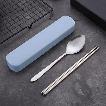 4Pcs/Set Travel Camping Cutlery Set Portable Tableware Stainless Steel Chopsticks Spoon Fork Steak Knife with Storage Case