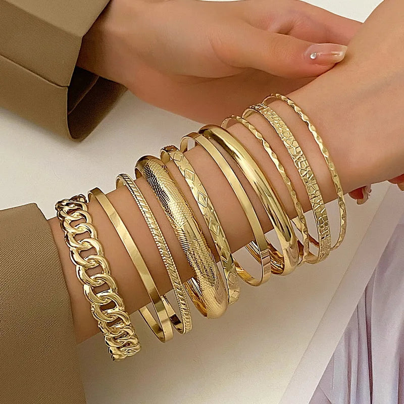 10pcs Punk Cuban Chain Bracelets Set For Women Men Boho Multilayer Thick Gold Color Charm Bracelets Bangles Fashion Jewelry Gift