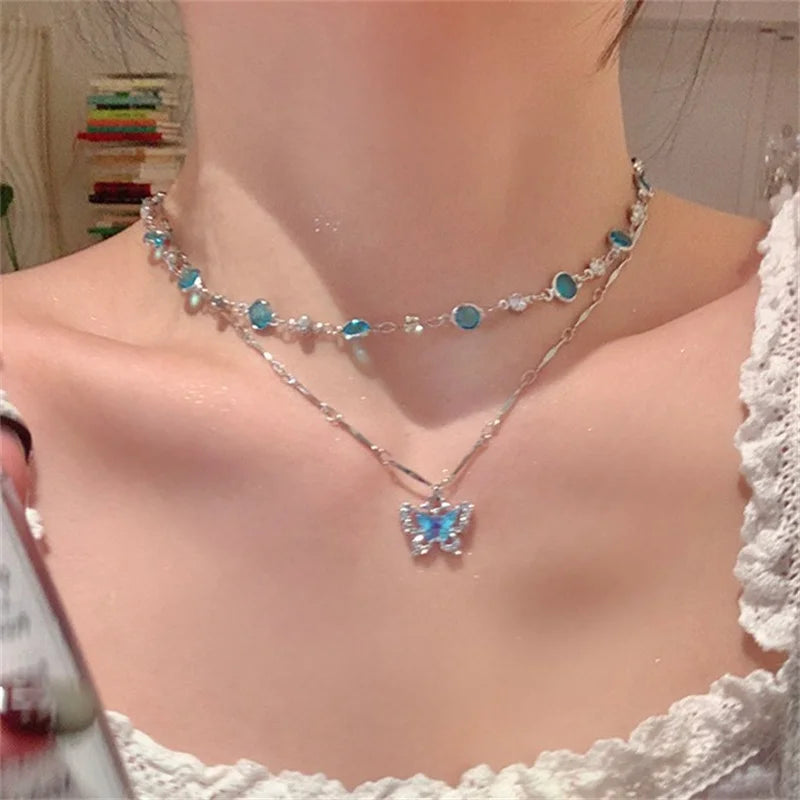 Romantic Blue Crystal Butterfly Necklace for Women Girls Simple Shiny Zircon Bilayer Choker Clavicle Chain New Fine Jewelry Gift