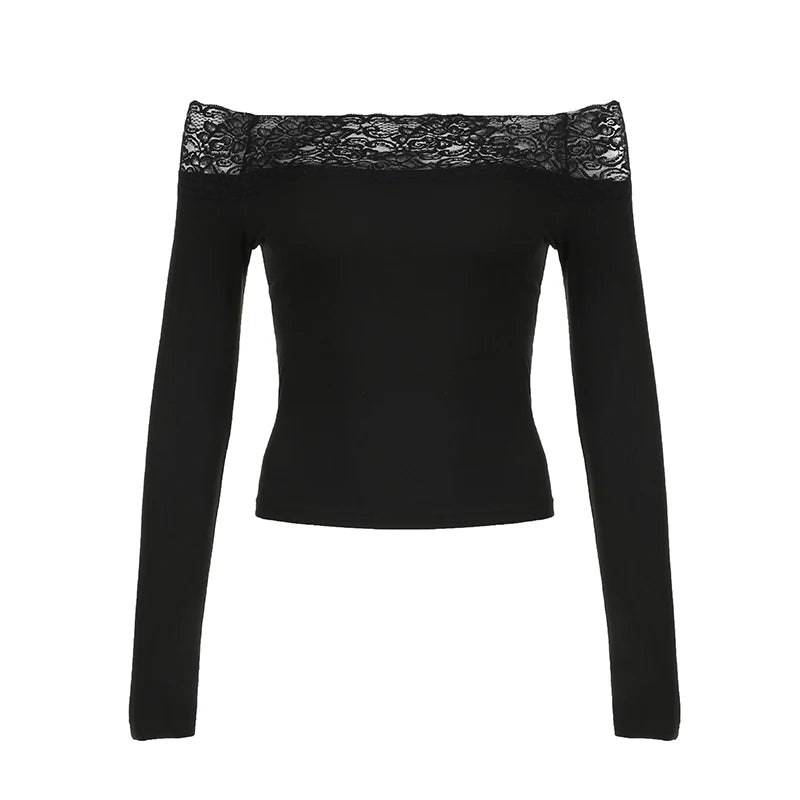 CIBBAR Hitam Lace Jahitan Slash Leher Crop Top Elegan Seksi Kurus Lengan Panjang Baju T untuk Wanita Harajuku Y2k Autumn Tees Asas