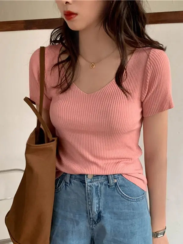 AOSSVIAO 2024 Basic V-neck Solid Thin Summer Pullover Women Female Knitted Ribbed Sweater Slim Short Sleeve Bodycon Sweater