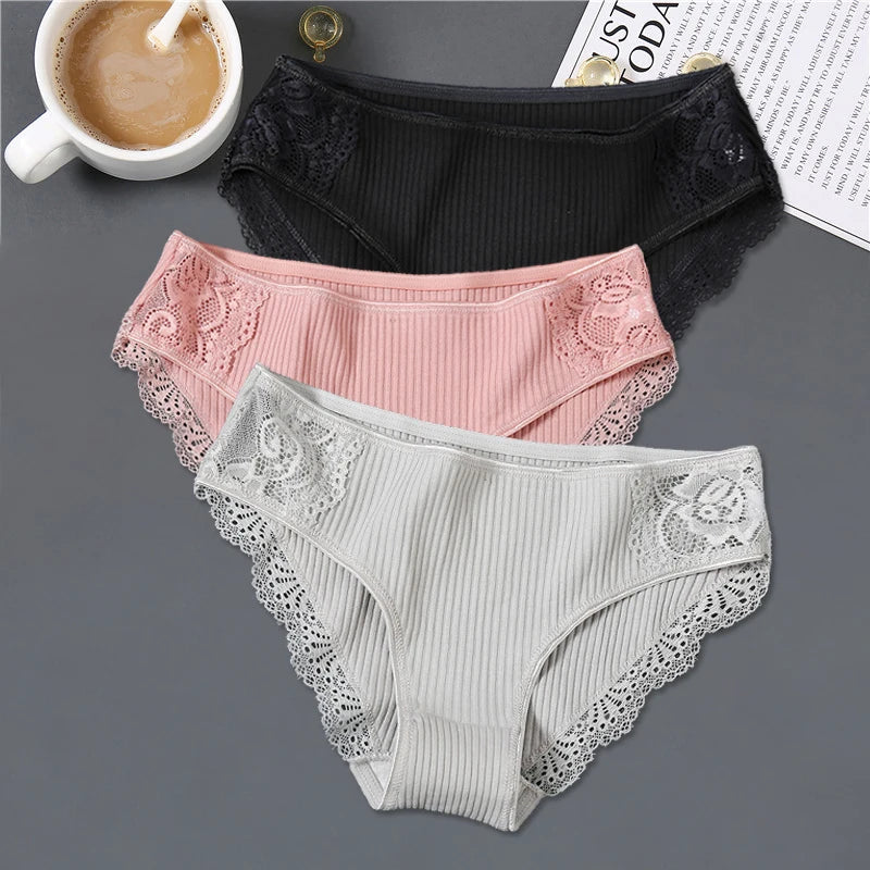 3Pcs/set Women's Cotton Panties M-2XL Women Patchwork Lace Underwear Sexy Low Waist Briefs Ladies Comfortable Underpants 2022