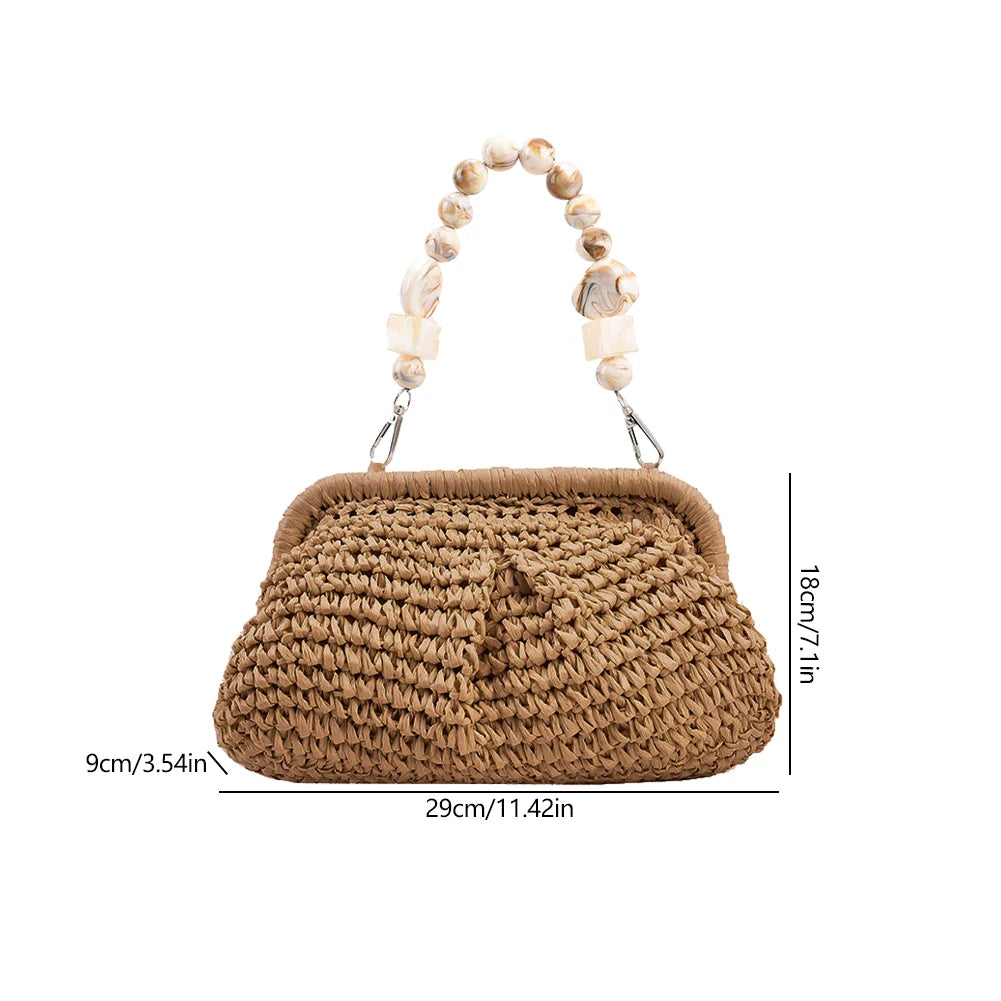 Luxury Designer Trendy Straw Weaving Shoulder Bag Versatile Small Beading Handbag For Women Summer Casual Beach Bag Travel Purse