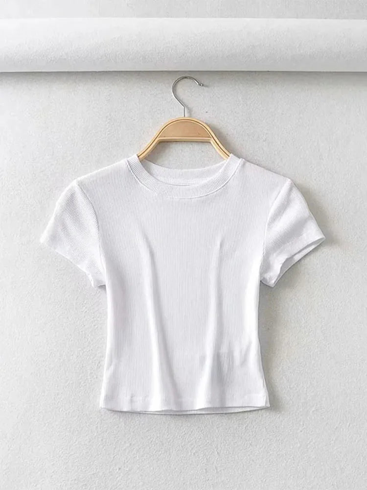 Musim Panas Wanita Seksi O-leher lengan pendek T-shirt Slim Elastik Kurus Atasan Tanaman