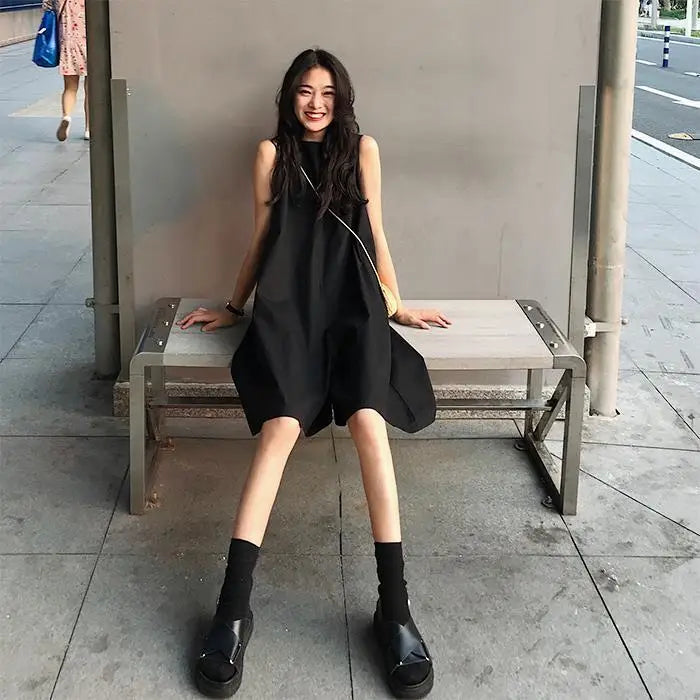 Rompers Wanita Harajuku Pepejal Trendi Korea Pakaian Tanpa Lengan Bergaya Kargo Retro O-Neck Pakaian Permainan Kanak-kanak Perempuan Preppy Pakaian Jalanan Baru