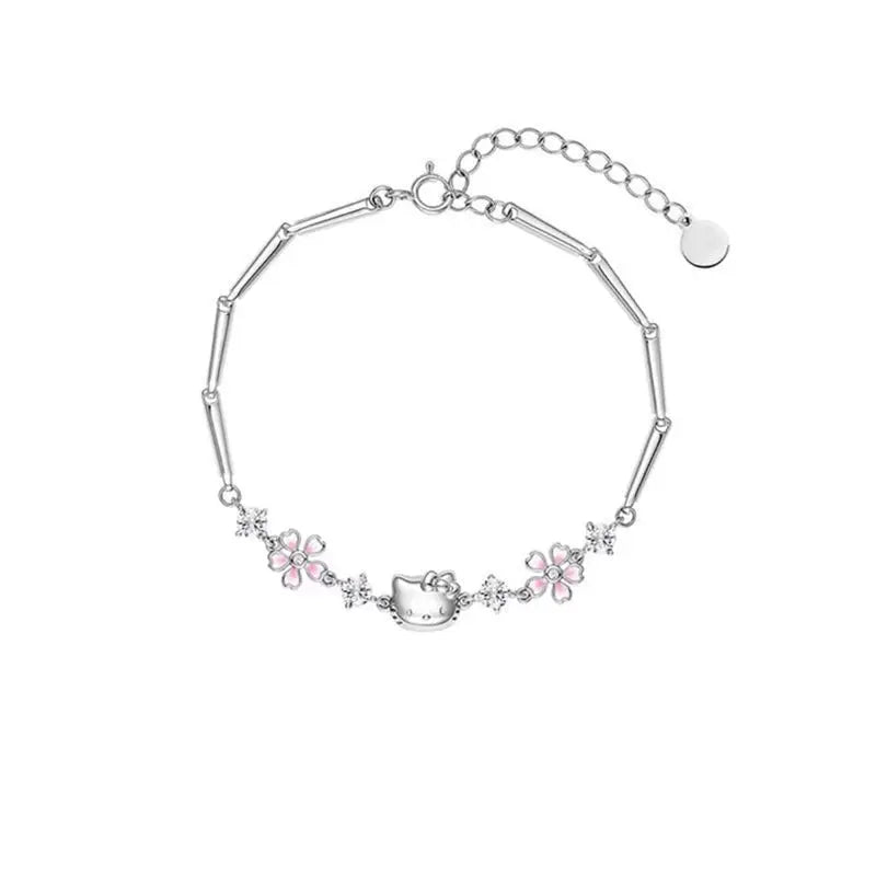 Kalung Hello Kitty Sanrio Watak Anime Pink Peach Heart Crystal Cat Gelang Tolak Tarik Loket Hiasan Pasangan Hadiah Gadis