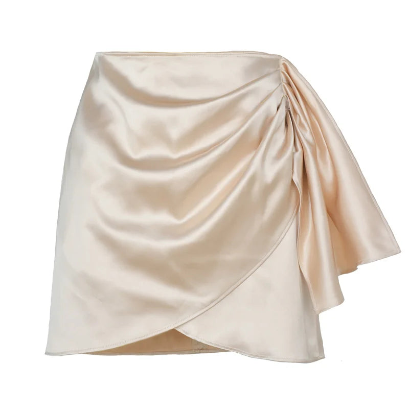 Skirt Pendek Satin Pepejal Pinggang Tinggi Wanita Skirt Zip Tidak Sekata Elegan Fesyen Wanita Pejabat yang bergaya Pakaian Jalanan Musim Bunga Musim Panas