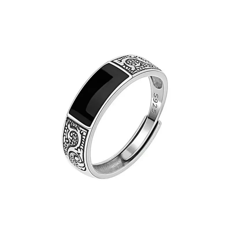 Cincin Perak Sterling Perak Bergaya untuk Lelaki Barang Kemas Hitam Segiempat tepat Cincin Corak Naga Retro Aksesori Jari Infex Lelaki Terbuka