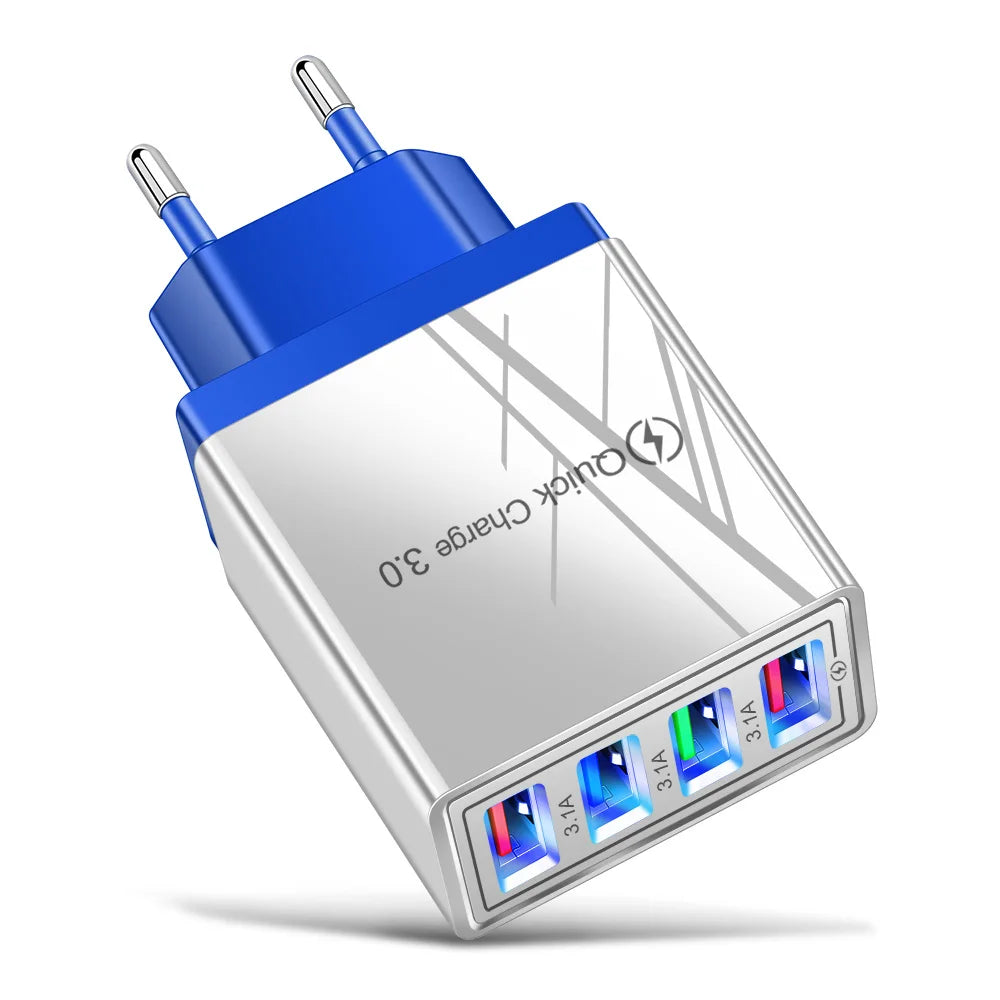 3.1A EU US 4USB Ports AC Perjalanan Rumah Pengecas Dinding Penyesuai Kuasa Untuk IPhone 12 13 14 15 Pro Max Samsung Xiaomi Huawei