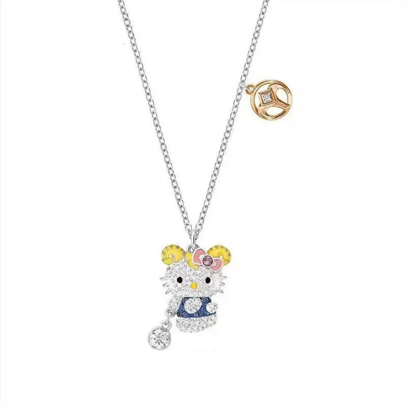 Kalung Hello Kitty Sanrio Watak Anime Pink Peach Heart Crystal Cat Gelang Tolak Tarik Loket Hiasan Pasangan Hadiah Gadis