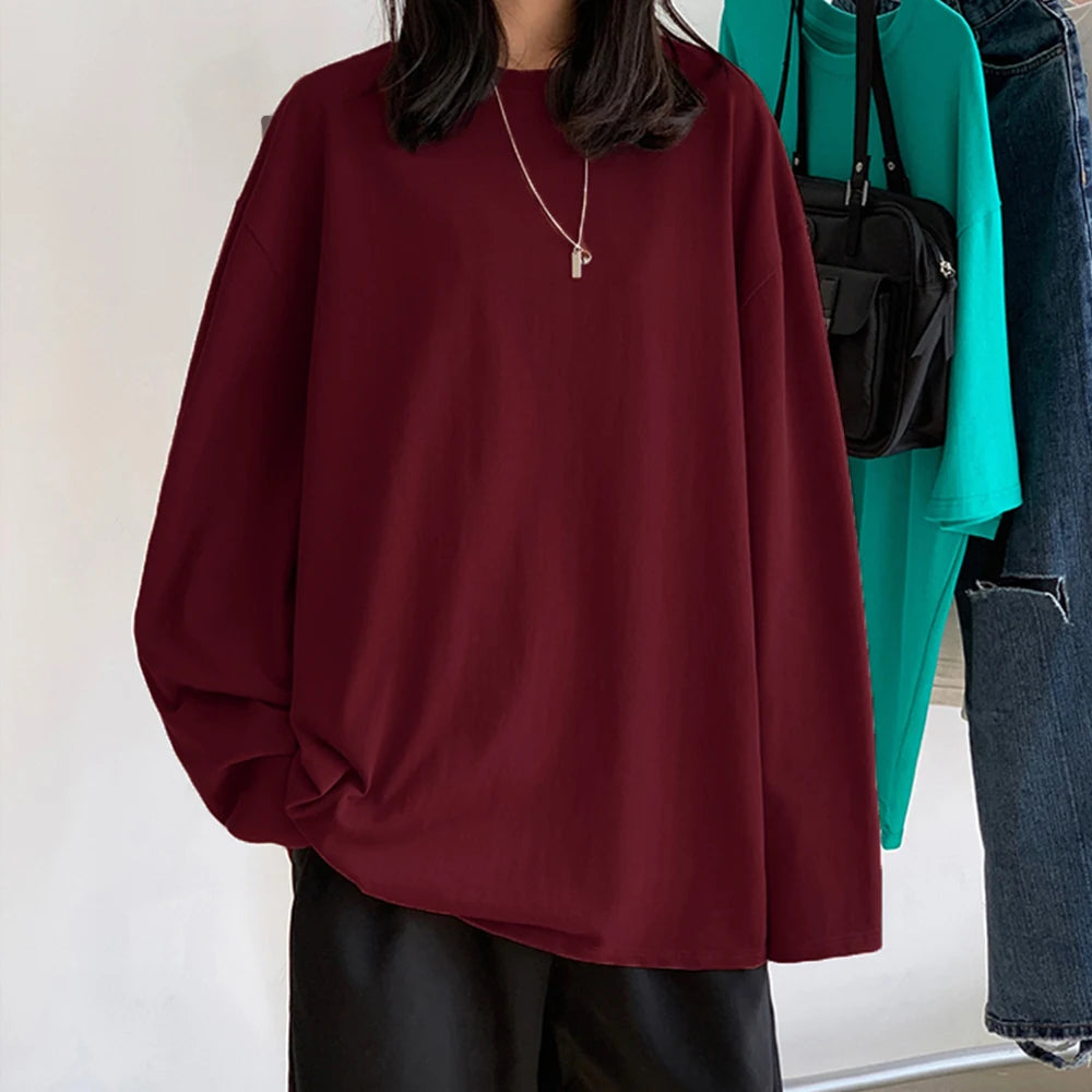 100% Cotton 2024 Spring New Long sleeve T-Shirt Women Basic Tee Shirt Oversize T Shirt Women Casual O-neck Women Tshirt US size