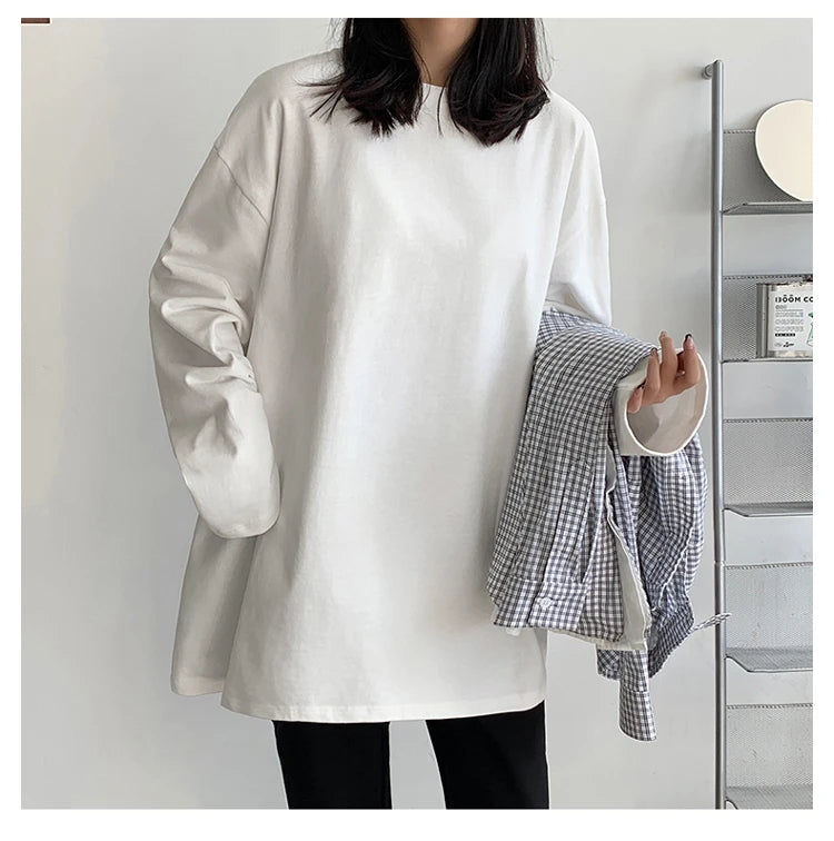 100% Cotton 2024 Spring New Long sleeve T-Shirt Women Basic Tee Shirt Oversize T Shirt Women Casual O-neck Women Tshirt US size