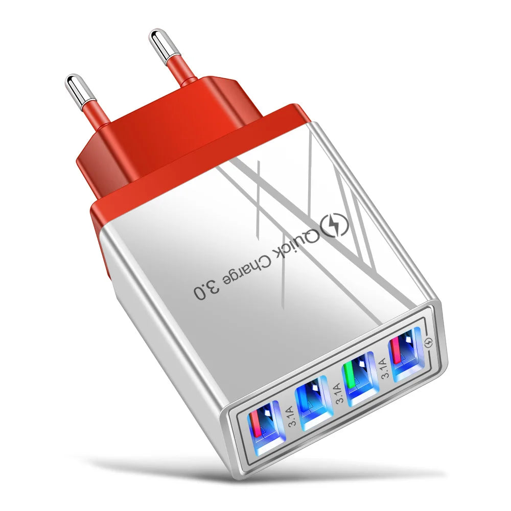 3.1A EU US 4USB Ports AC Perjalanan Rumah Pengecas Dinding Penyesuai Kuasa Untuk IPhone 12 13 14 15 Pro Max Samsung Xiaomi Huawei