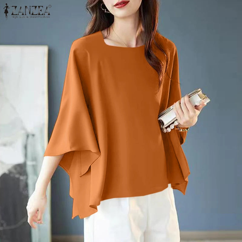 ZANZEA Women Ladies Designer Tops Dolman 3/4 Sleeve Blouse 2024 Summer Round Neck Shirt Casual Baggy Blusas Elegant Office Tunic