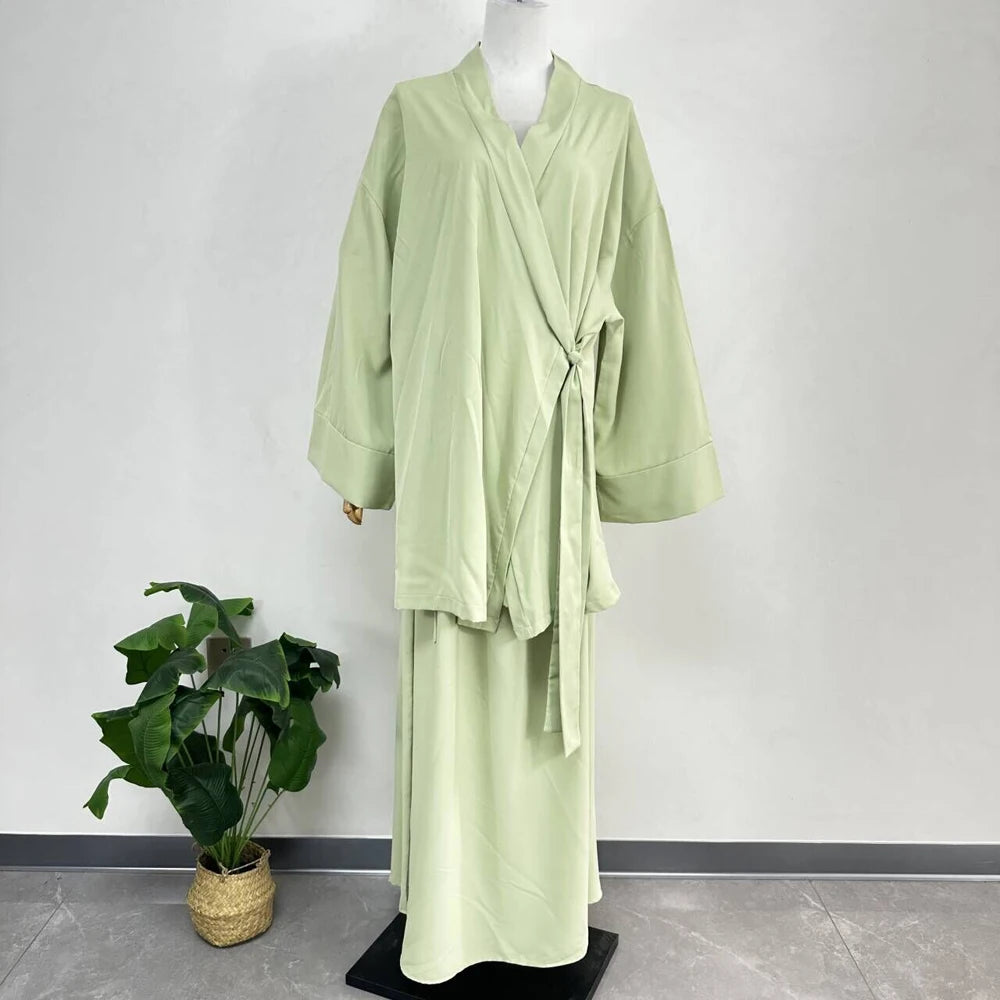 Nida Co Ord Set Kimono dengan Tali Skirt Ramadan Aidilfitri Pakaian Islam 2 Helai Set Wanita Muslimah Pakaian Sederhana Ensembles Musulman