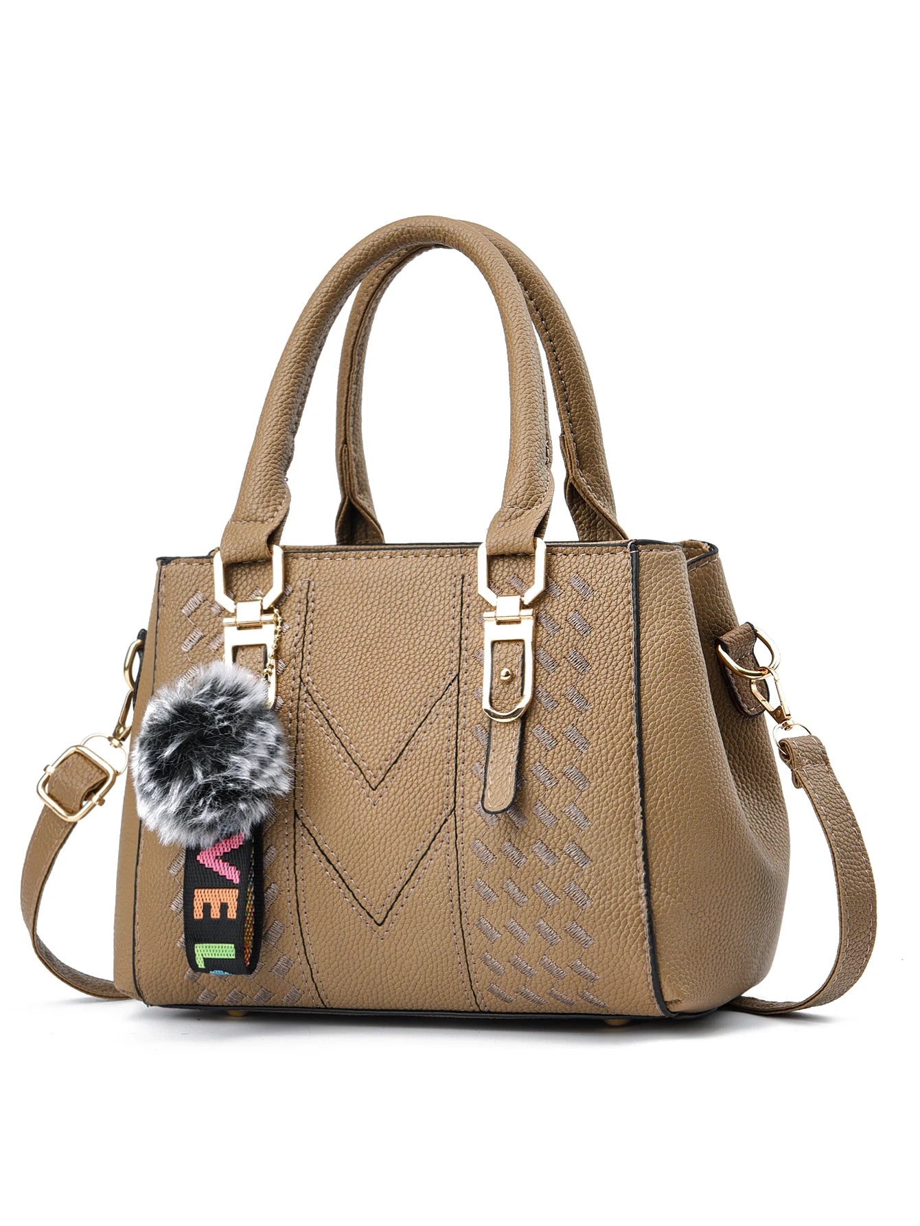 Beg Satchel Terperinci Sulaman, Beg Selempang Kulit PU Bergaya, Dompet Tangan Berganda Wanita Dengan Loket