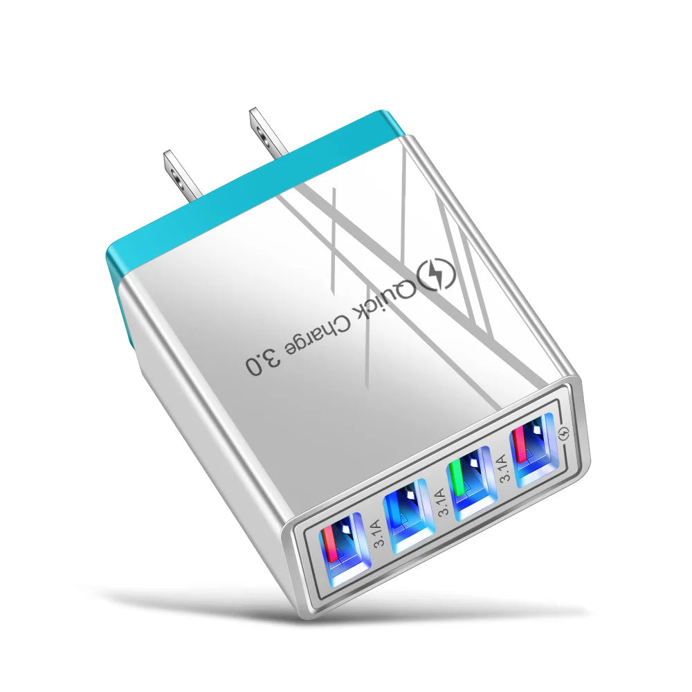 3.1A EU US 4USB Ports AC Perjalanan Rumah Pengecas Dinding Penyesuai Kuasa Untuk IPhone 12 13 14 15 Pro Max Samsung Xiaomi Huawei