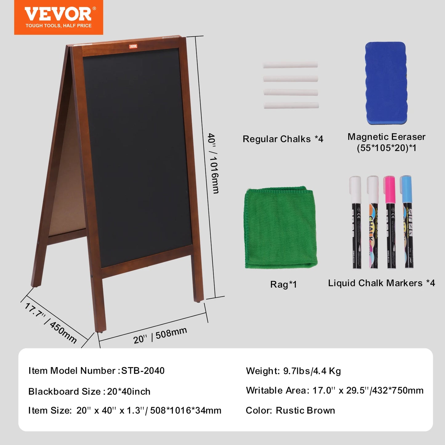 VEVOR 20"x40" Bingkai Papan Kapur Papan Tanda Papan Magnetik Dua Sisi Papan Menu Papan Tulis Papan Menu untuk Restoran, Kafe, Perkahwinan
