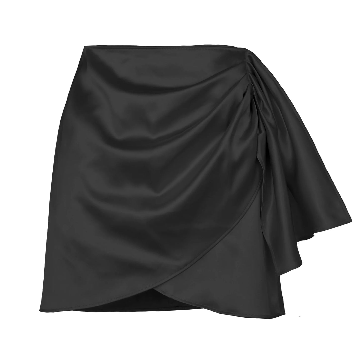 Skirt Pendek Satin Pepejal Pinggang Tinggi Wanita Skirt Zip Tidak Sekata Elegan Fesyen Wanita Pejabat yang bergaya Pakaian Jalanan Musim Bunga Musim Panas