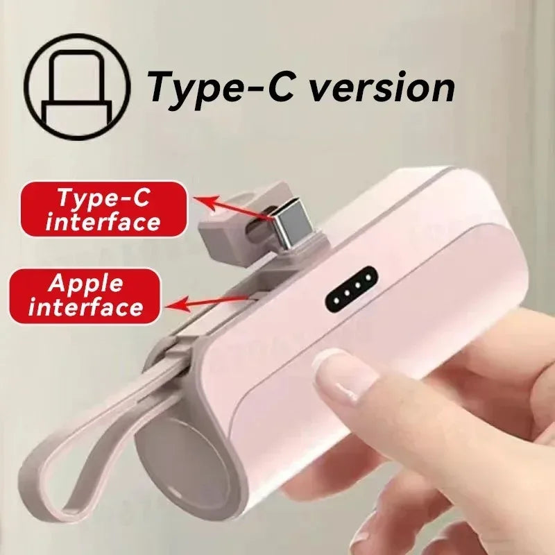 Bank Kuasa Mini 5000mAh 2 DALAM 1 Pengecas Telefon Bimbit Pantas Bateri Luaran Palam Power Bank Untuk iPhone dan Jenis-c