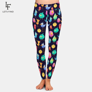 LETSFIND 3D Burung Berwarna Comel Dan Lucu Seluar Legging Gadis Percetakan Digital Baru Pinggang Tinggi Wanita Legging Lembut