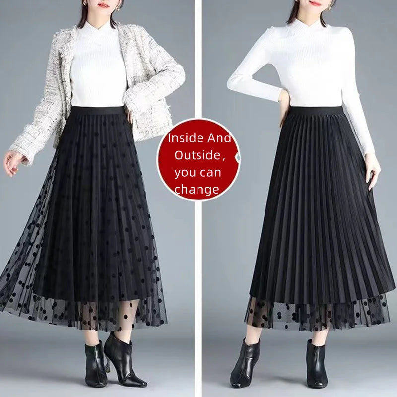 Skirt Bunga Mesh Wanita 2024 Musim Bunga Musim Panas Lace Berbondong-bondong Buaian Besar Elastik Pinggang Tinggi Fesyen Elegan Skirt A-line Skirt separuh
