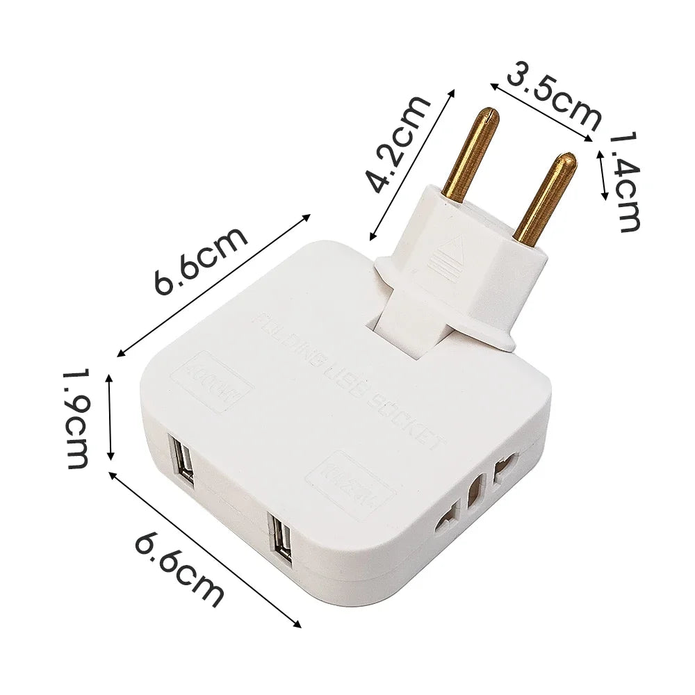 Penukar Soket Palam EU Boleh Putar 180 Darjah 4 Port Penyesuai Perjalanan AS Ke EU dengan 2 Port USB Soket Elektrik Alur Keluar AC