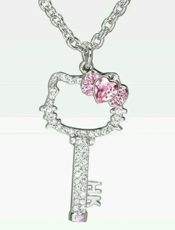 Kalung Hello Kitty Sanrio Watak Anime Pink Peach Heart Crystal Cat Gelang Tolak Tarik Loket Hiasan Pasangan Hadiah Gadis
