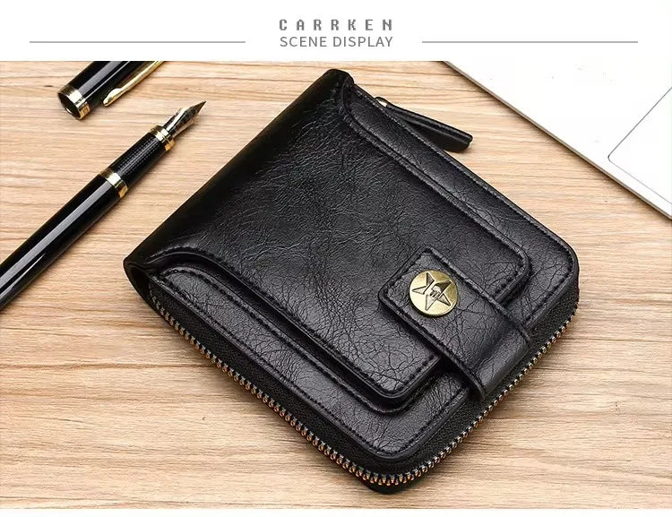 Vintage Popular men's short wallets, retro trend, horizontal zipper coin purse, multi-functional card Durable Convenient Wallets