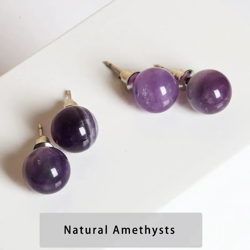Change Better Natural Stone Amethyst Tiger Eye Agate Round Beads Earring Women Fashion Simple Stainless Steel Crystal Ear Studs