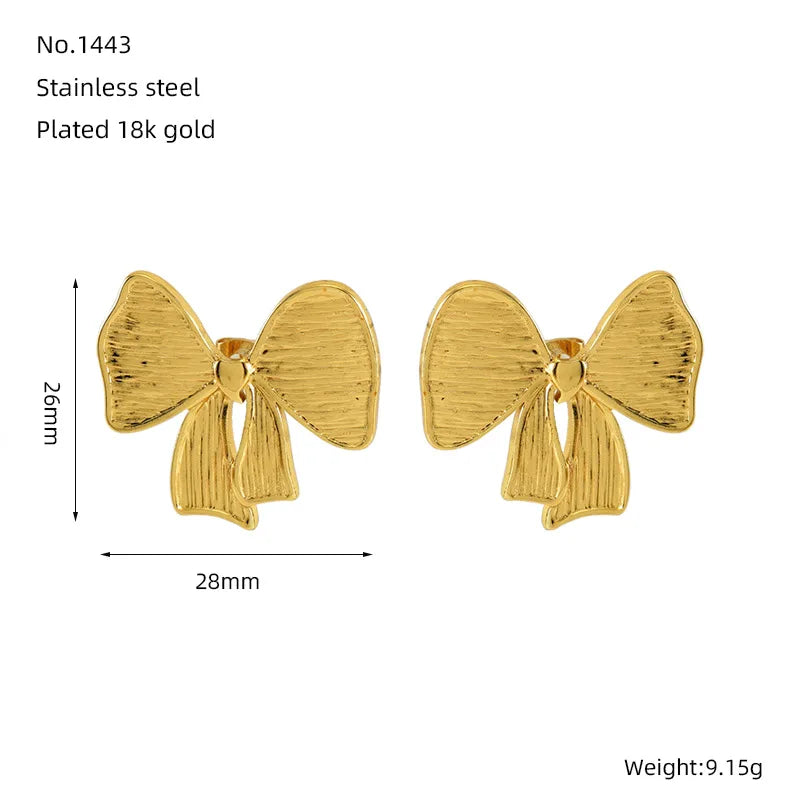 1 Pair Stainless Steel Metal Ribbon Bow Stud Earrings for Women Girls18K Gold Plated Cute Statement Piercing Jewelry Set Gift