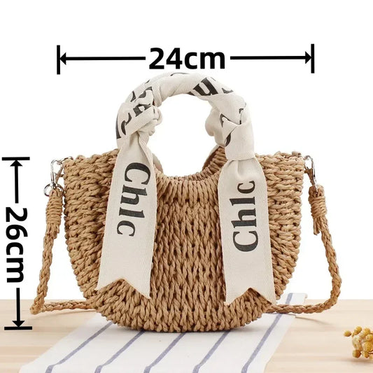 Scarf Rattan Tote Bag Luxury Designer Wicker Shoulder Handbag Beach Basket Fashion Crossbody Messenger Women Shopping Straw Bag