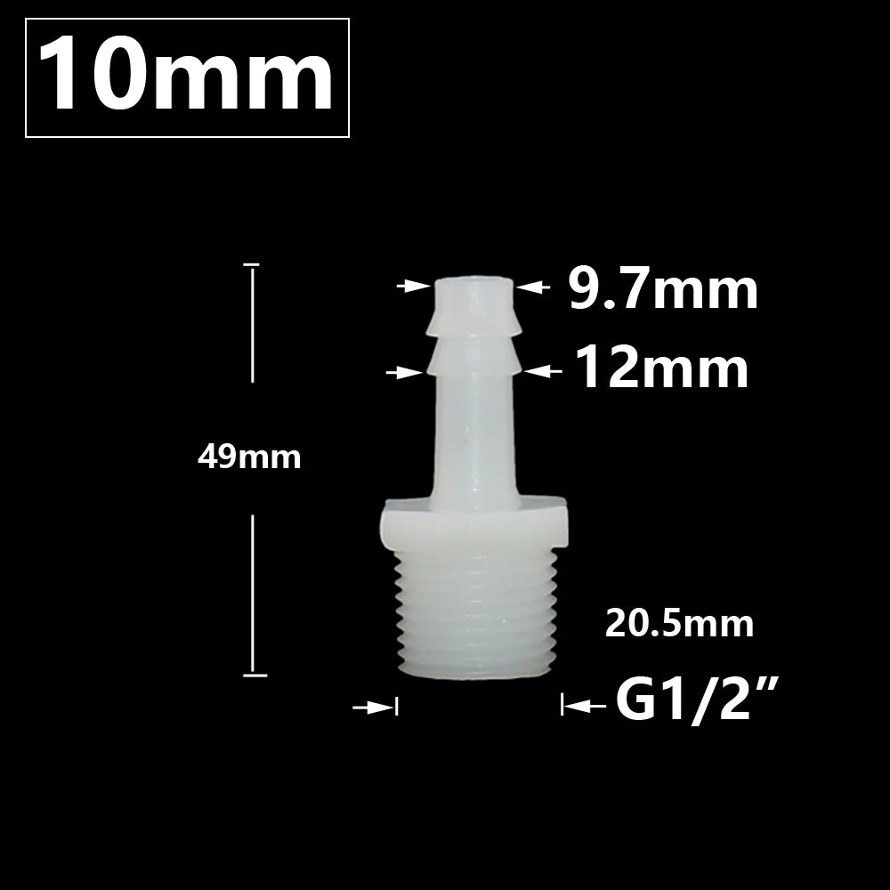 Plastic Pipe Fitting 4mm 6mm 8mm 10mm 12mm 14mm 16mm 18mm 20mm Hose Barb Connector 1/2" Male Thread Connector Coupler