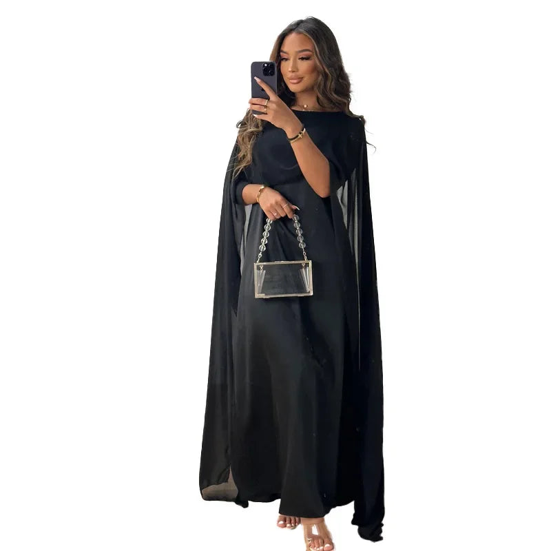 Muslim Women's Round Neck Loose Robe Chiffon Long Dress Abayas for Women Robe Longue Muslim Dress