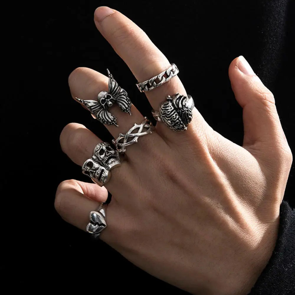6Pcs Punk Poker Joker Silver Color Rings for Men Goth Skeleton Billiards Set Couple Emo Fashion Jewelry Gift